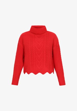 Piros kötött pulóver magas bordás garbós nyakkal, fonott mintával és hullámos szegéllyel. Hosszú ujjak széles mandzsettával.