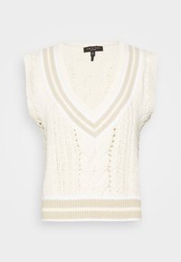 Valkoinen neuleliivi, jossa on syvä V-kaula-aukko ja jotka sisältävät palmikkokuvioita sekä vaaleita vaakaraitoja kaula-aukon ja helman ympärillä.