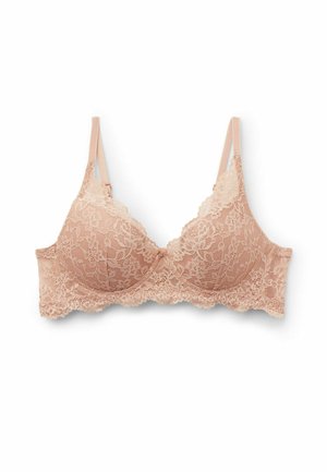 Spitzen-BH in zartem Rosa mit vorgeformten Körbchen und verstellbaren Trägern. Verfügt über gewellte Kanten und Blumenmuster für Struktur und Details.