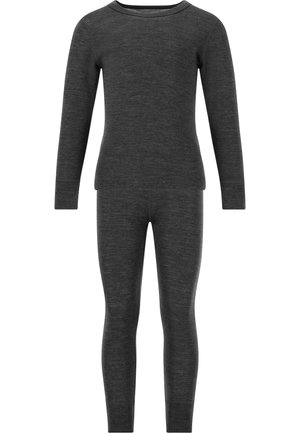 Haut à manches longues gris et leggings assortis, fabriqués en tissu doux et lisse, conçus pour la chaleur et le confort. Construction simple et sans couture.