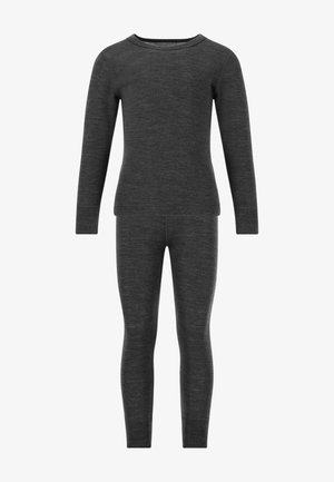 Haut à manches longues gris et leggings assortis, fabriqués en tissu doux et lisse, conçus pour la chaleur et le confort. Construction simple et sans couture.