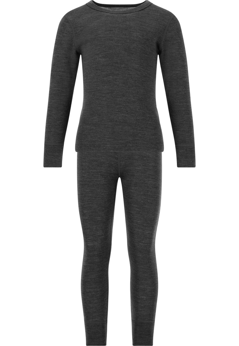 Grå langærmet top og matchende leggings lavet af et blødt, glat stof, designet til varme og komfort. Enkel, sømløs konstruktion.
