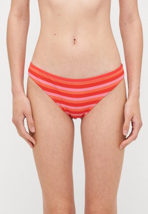 Red and pink striped bikini bottom made of mesh material. Features a narrow waistband and a classic cut with moderate coverage.