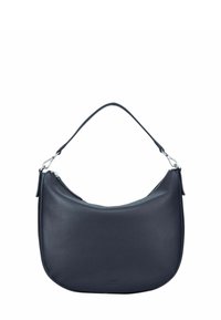 Sac hobo en cuir noir avec une forme incurvée, une texture lisse, une seule bandoulière et des accents en métal argenté.