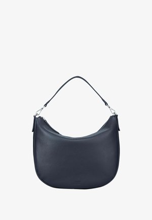 Sac hobo en cuir noir avec une forme incurvée, une texture lisse, une seule bandoulière et des accents en métal argenté.