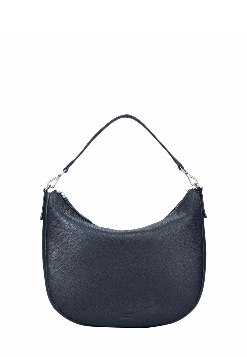 Sac hobo en cuir noir avec une forme incurvée, une texture lisse, une seule bandoulière et des accents en métal argenté.