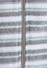 Striped zip-up jacket in white, gray, and mint green terry cloth, featuring a centered zipper and soft, textured fabric.