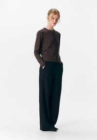 Brauner, taillierter Cardigan mit Rundhalsausschnitt und sechs Knöpfen, kombiniert mit hochtaillierten, weit geschnittenen schwarzen Hosen. Glatte Textur, minimalistisches Design.