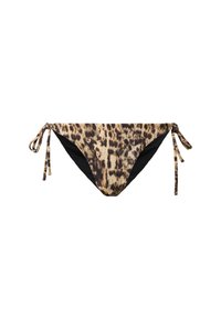 Bikiniunderdelar med leopardmönster i tan och svart med justerbara knytband på sidorna. Slät textur med kontrasterande solid svart foder.