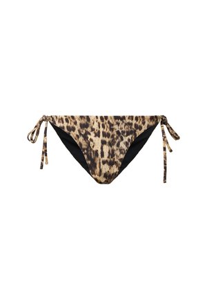 Bikini-broekjes met luipaardmotief in bruin en zwart met verstelbare strikzijden. Gladde textuur met contrasterende effen zwarte voering.