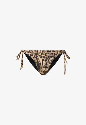 Bikini alasu leopard dengan warna coklat dan hitam, dilengkapi dengan sisi ikatan yang dapat disesuaikan. Tekstur halus dengan lapisan hitam solid yang kontras.