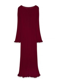 Burgunderfarbenes langes Kleid mit langen Ärmeln, vertikaler Faltenstruktur, runder Ausschnitt und schwingenden Säumen. Entworfen für eine figurbetonte Silhouette.