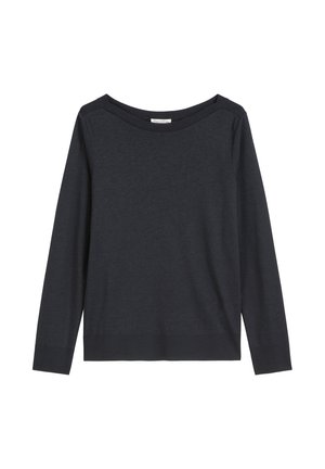 Ciemnoszary sweter z długim rękawem, wykonany z miękkiego materiału. Posiada szeroki dekolt i prążkowany dół oraz minimalne szwy, co nadaje mu prosty design.