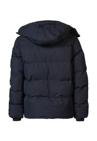 Dunkelblaue Steppjacke mit Kapuze, ausgestattet mit einem gesteppten Design, gerippten Bündchen und einer glatten Textur. Keine sichtbaren Logos oder Verzierungen.