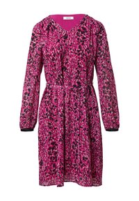 Rotes und schwarzes gemustertes Kleid aus leichtem Stoff, mit langen Ärmeln, einem V-Ausschnitt und einem passenden Gürtel in der Taille.