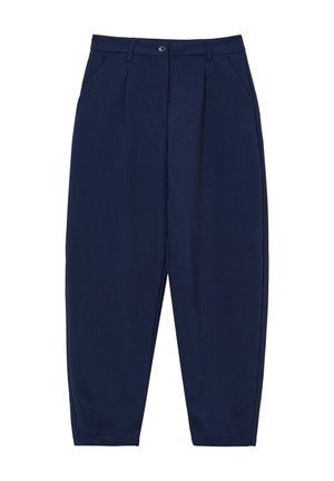 Marineblaue, hochgeschnittene, schmal zulaufende Hose mit Falten vorne, seitlichen Taschen, Gürtelschlaufen und Knopfverschluss.