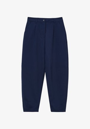 Marineblaue, hochgeschnittene, schmal zulaufende Hose mit Falten vorne, seitlichen Taschen, Gürtelschlaufen und Knopfverschluss.