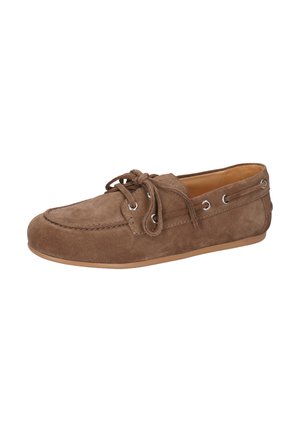 Bruine suède bootschoen met ronde neus, vetersluiting en metalen oogjes, met een tan rubberen zool en een gladde binnenvoering.
