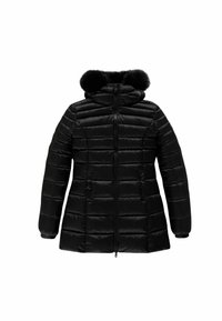 Giacca parka nera e gonfia con cappuccio foderato in pelliccia sintetica, chiusura con zip a tutta lunghezza e motivo trapuntato orizzontale per isolamento e calore.
