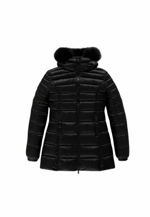 Giacca parka nera e gonfia con cappuccio foderato in pelliccia sintetica, chiusura con zip a tutta lunghezza e motivo trapuntato orizzontale per isolamento e calore.