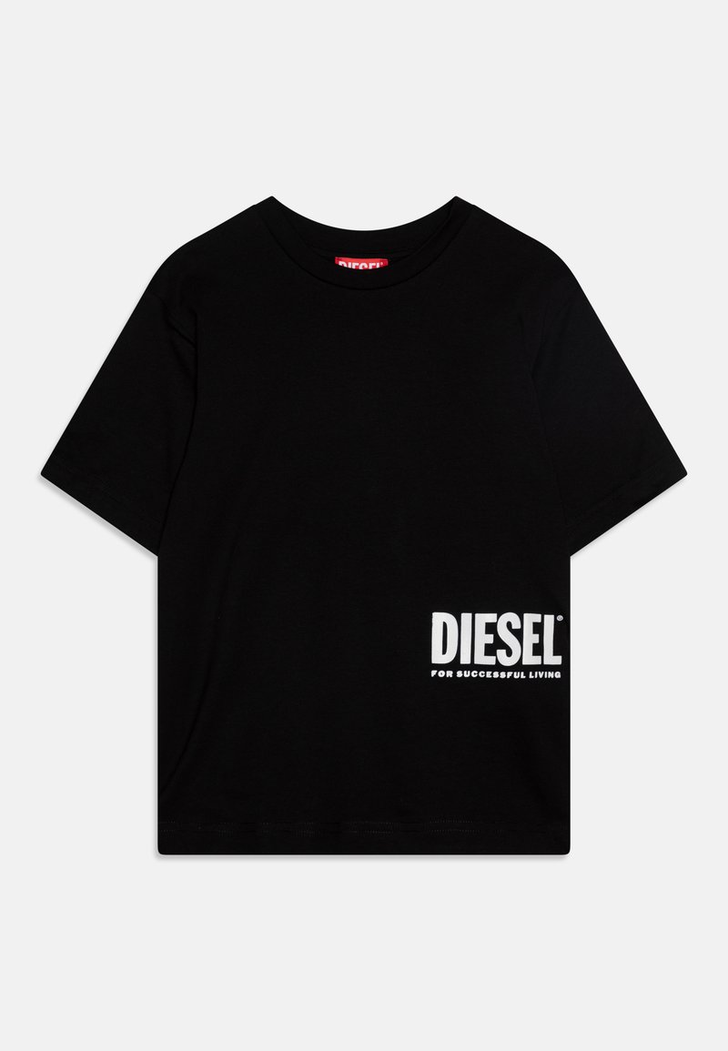 Črna bombažna majica s kratkimi rokavi, okroglo izrezano ovratnik in belim logotipom na levi strani z napisom "DIESEL FOR SUCCESSFUL LIVING."