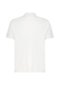 Weißes Polo-Shirt mit kurzen Ärmeln, ausgestattet mit einem flachen Strickkragen und gerippten Ärmelbündchen. Hergestellt aus weichem, leichtem Baumwollmaterial.