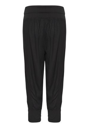 Zwarte, loszittende cropped broek met brede elastische tailleband en aansluitende geribde boorden bij de enkels, gemaakt van lichtgewicht stof.