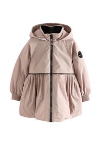 Hellrosa Kapuzenjacke mit tailliertem Oberteil und ausgestelltem Rock. Verfügt über einen Frontreißverschluss, elastische Bündchen und ein Logoaufnäher am Ärmel.