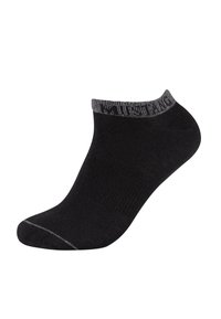 Calzini neri alla caviglia realizzati in tessuto liscio, con una fascia textured grigia e un logo discreto; progettati per una vestibilità aderente attorno alla caviglia.
