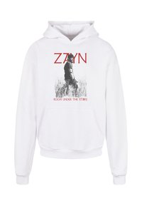 Felpa bianca con stampa frontale di una figura in bianco e nero e testo rosso che recita "ZAYN" e "ROOM UNDER THE STAIRS."