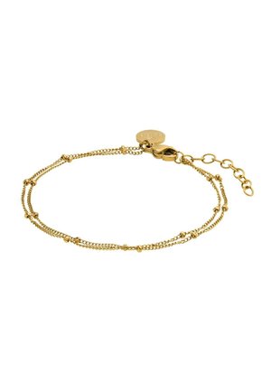 Zarter Doppelstrang-Goldarmband mit kleinen Goldperlen und einem Karabinerverschluss mit einstellbaren Gliedern.