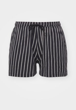 Pantalones cortos a rayas con una base de color azul marino y rayas verticales blancas, cintura elástica y cordón ajustable. Material de algodón.