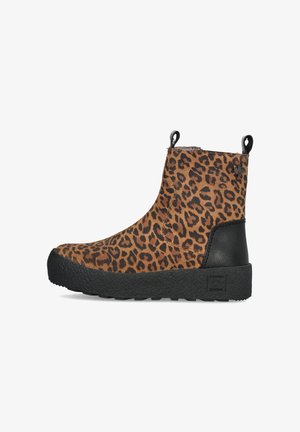 Stivaletto alla caviglia con parte superiore stampa leopardo marrone e nera, suola nera testurizzata e pannello tacco nero con alette per infilare sia davanti che dietro.