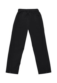 Pantaloni neri a gamba dritta con vita elastica, tasca posteriore con cerniera e linguetta, e polsini regolabili con bottone a pressione.