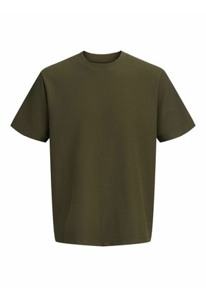 Olivengrøn t-shirt med rund hals lavet af tekstureret stof. Løs pasform med korte ærmer og lige kant. Enkel, ubeklædt design.