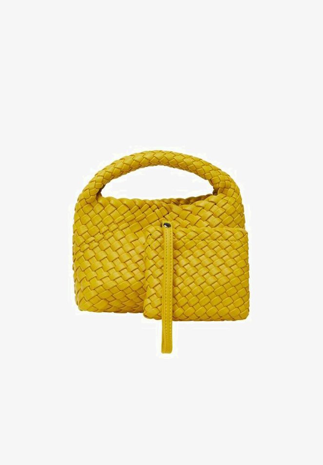 Woven yellow handbag with a rounded handle, featuring a detachable, zippered pocket attached to the side. Textured finish throughout.