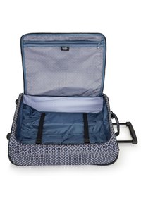 Rolling suitcase in navy with a geometric pattern. Zippered compartments, textile and mesh lining, adjustable straps for secure packing.