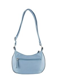 Light blue shoulder bag made from textured material, featuring a curved shape, a zippered front pocket, and adjustable strap.