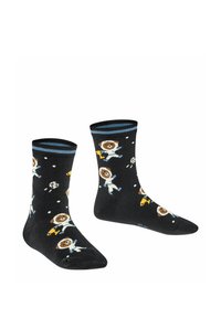 Schwarze Socken mit bunten Mustern von Astronautenbären, versehen mit blauen und weißen Akzenten am Bund. Hergestellt aus einem weichen, dehnbaren Material.