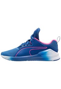 Blue athletic shoes with a mesh upper, pink accents, and a gradient sole. Features perforations for breathability and a padded collar.