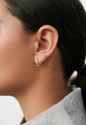 Kvindeøret med lille guldringørering, mørkt hår trukket tilbage, og iført en lys grå beklædning.