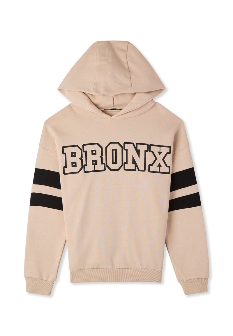 Felpa beige con la scritta "BRONX" in lettere nere in grassetto. Presenta strisce nere sulle maniche e polsini a coste all'orlo e alle aperture delle maniche.