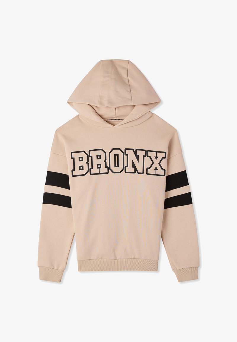 Felpa beige con la scritta "BRONX" in lettere nere in grassetto. Presenta strisce nere sulle maniche e polsini a coste all'orlo e alle aperture delle maniche.