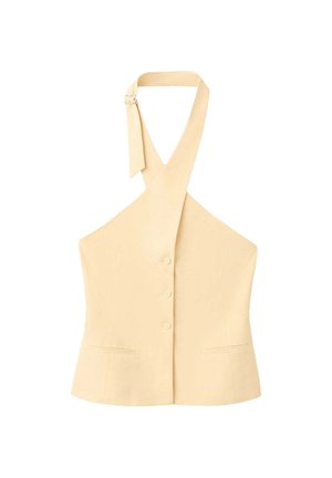 Beiges ärmelloses Halter-Top mit drei Knöpfen vorne, zwei kleinen Fronttaschen und verstellbarem Träger mit Schnallenverschluss.