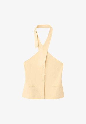 Beiges ärmelloses Halter-Top mit drei Knöpfen vorne, zwei kleinen Fronttaschen und verstellbarem Träger mit Schnallenverschluss.