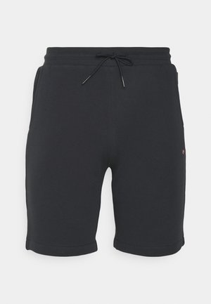 Shorts di cotone grigio scuro con vita elastica, chiusura con coulisse, tasche laterali e orli arrotolati per un fit casual.