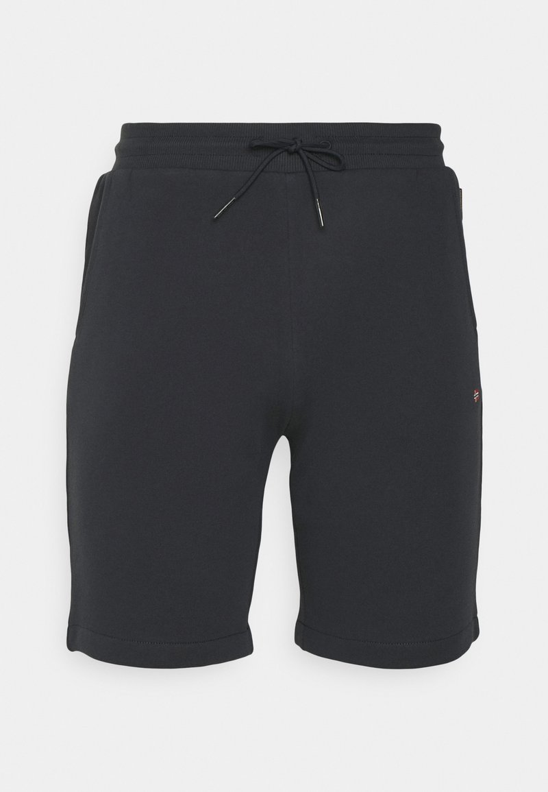 Shorts di cotone grigio scuro con vita elastica, chiusura con coulisse, tasche laterali e orli arrotolati per un fit casual.