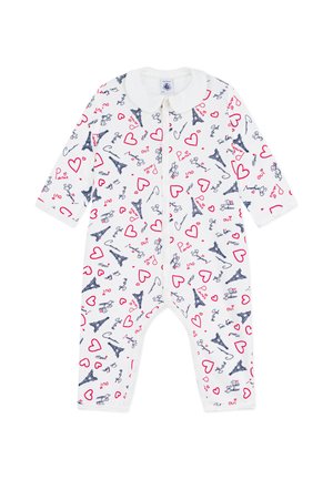 Weißer Babystrampler mit blauen Eiffelturm-Motiven, roten Herzen und französischen Worten, mit weißem Kragen und Frontreißverschluss.