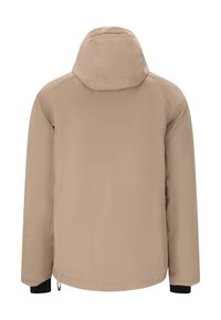 Beige vedenpitävä takki hupulla, jossa on sileä pinta, pitkät hihat ja mustat yksityiskohdat hihoissa. Yksinkertainen muotoilu, ilman näkyviä kuvioita.