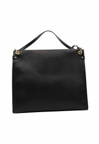 Borsa a mano in pelle nera con hardware dorato, forma rettangolare, superficie texturizzata e un manico superiore singolo. Design minimalista, senza chiusure visibili.